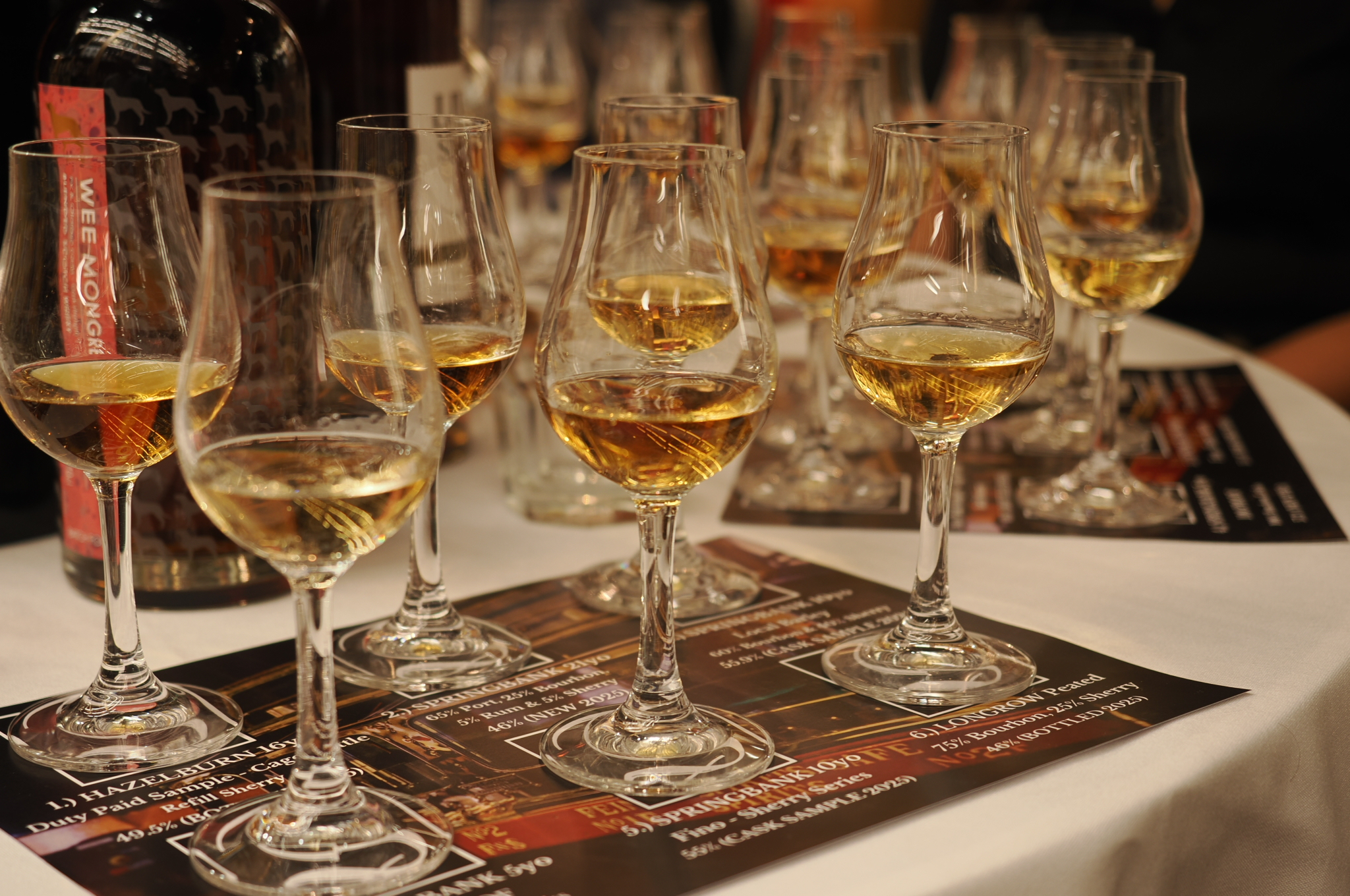 Whisky glasses set out for a London Whisky Club tasting